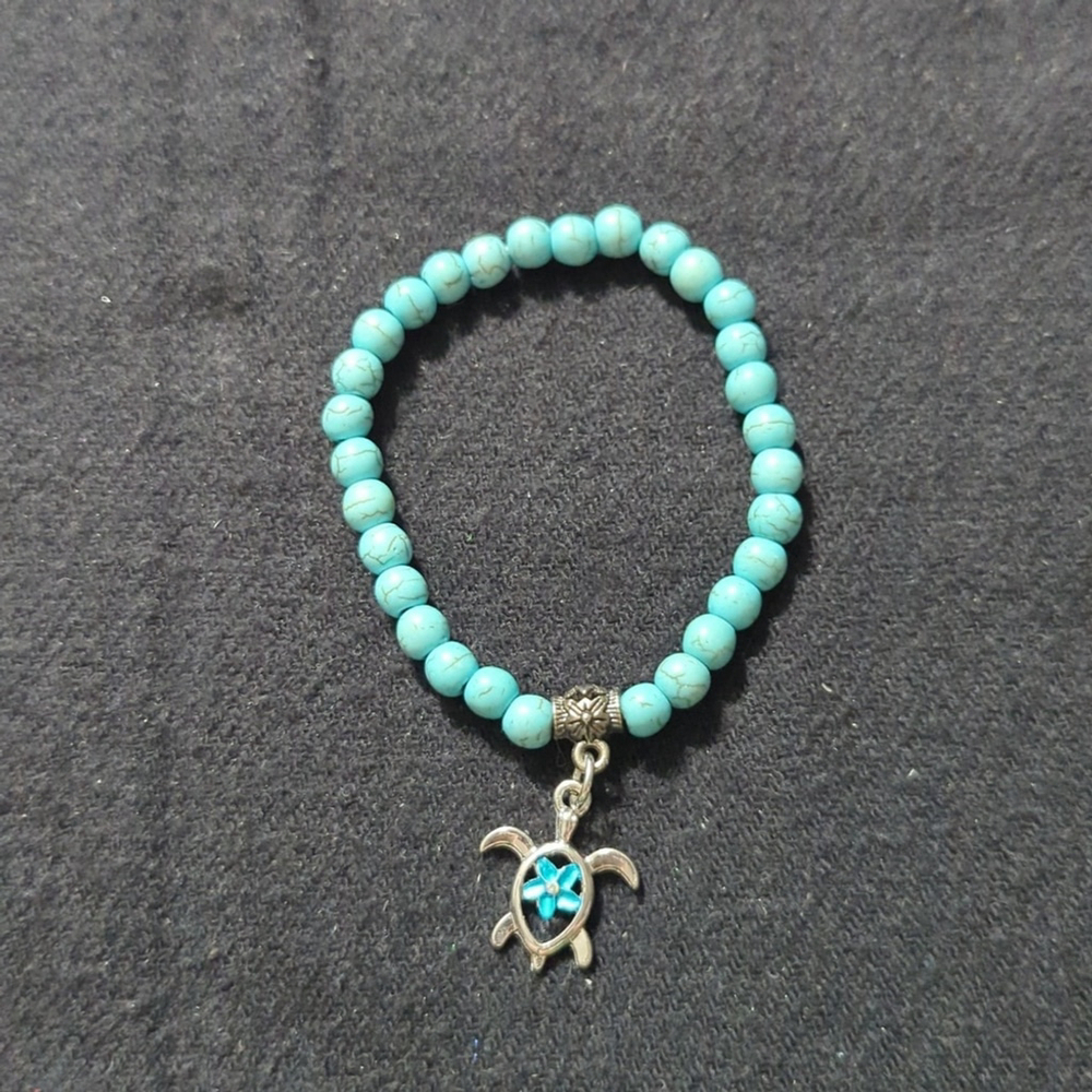 Blue Howlite Turtle Charm Silver Tone Bracelet